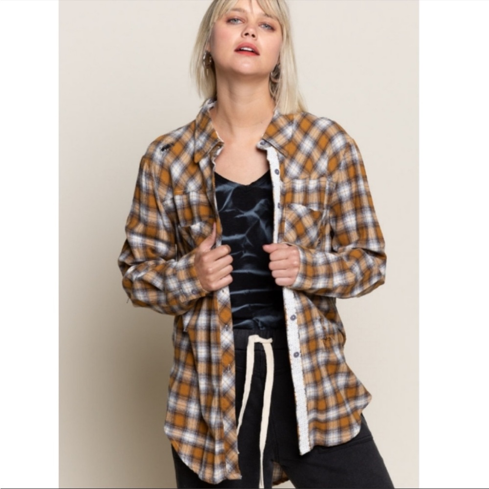 POL Distressed Plaid Shirt